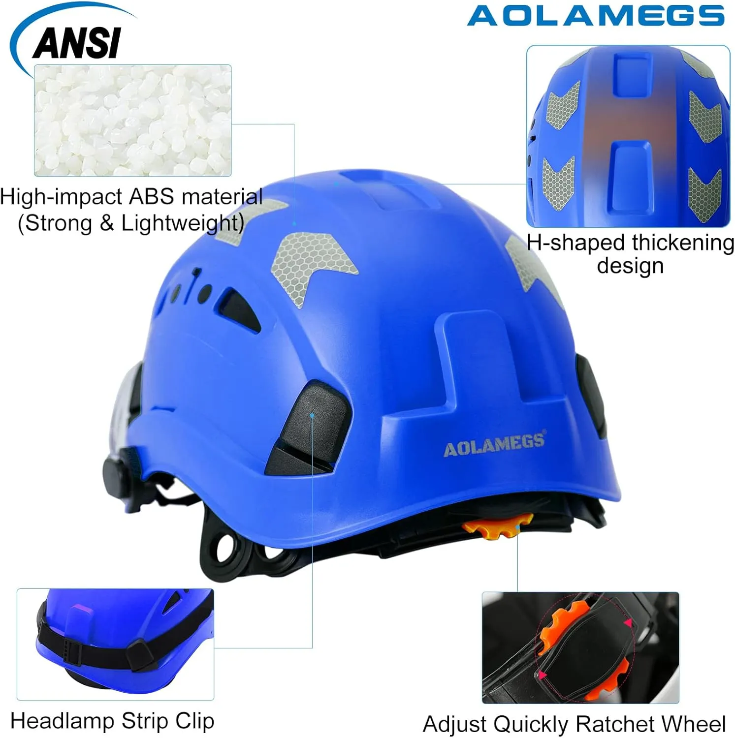 AOLAMEGS Construction Safety Hard Hat - ANSI Z89.1 Type Ι OSHA Approved Safety Helmets with Chin Straps Lightweight Reflective Vented ABS Hard Hats For Men Women Industrial Workwear 6-point Suspension