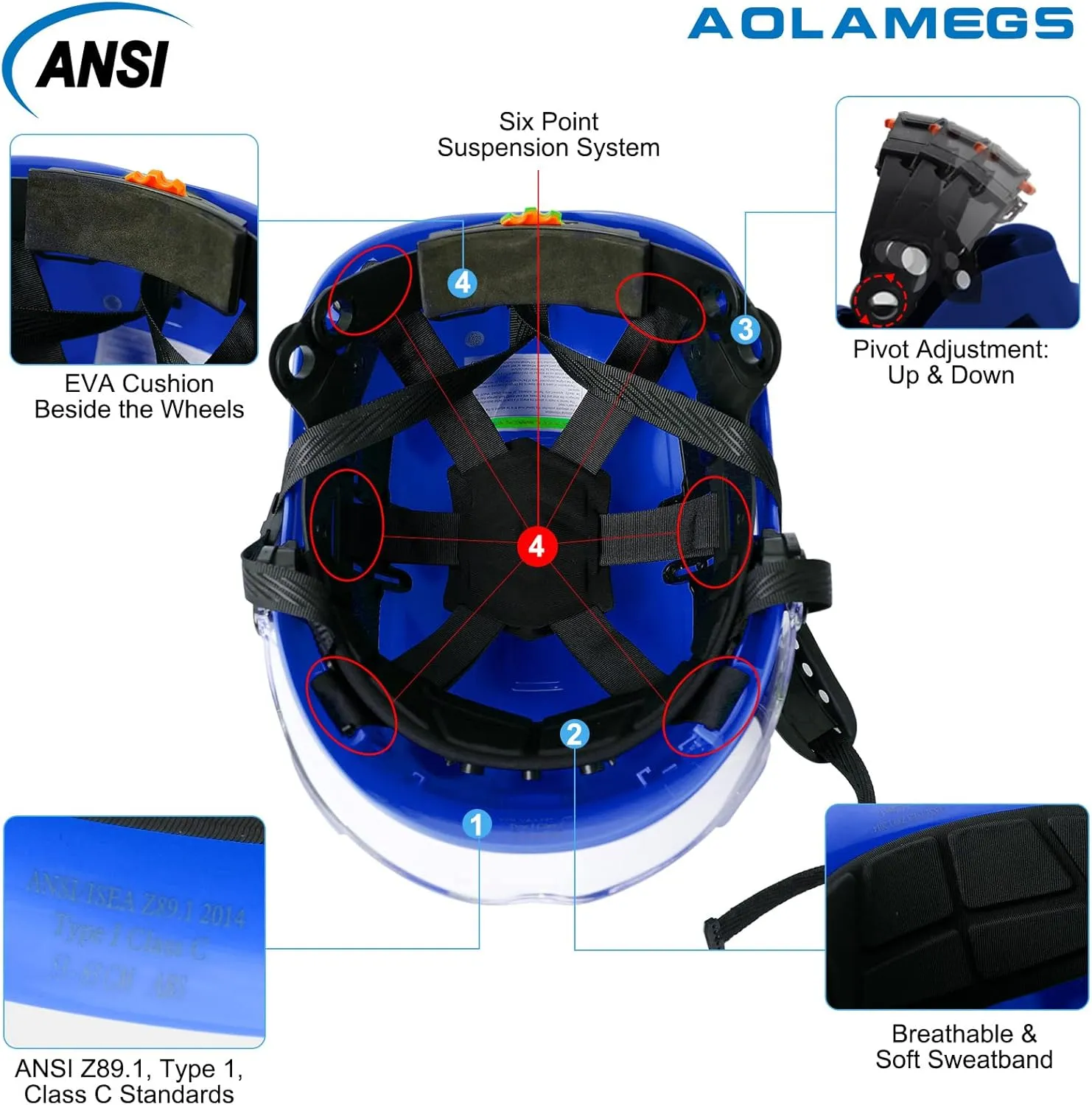 AOLAMEGS Construction Safety Hard Hat - ANSI Z89.1 Type Ι OSHA Approved Safety Helmets with Chin Straps Lightweight Reflective Vented ABS Hard Hats For Men Women Industrial Workwear 6-point Suspension