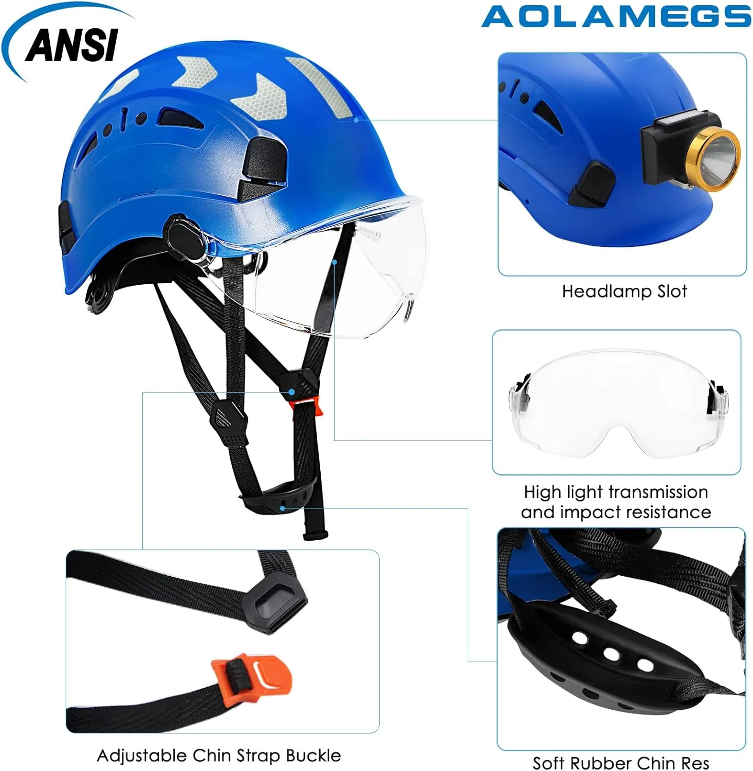 AOLAMEGS Construction Safety Hard Hat - ANSI Z89.1 Type Ι OSHA Approved Safety Helmets with Chin Straps Lightweight Reflective Vented ABS Hard Hats For Men Women Industrial Workwear 6-point Suspension