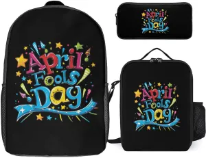 April Fool's Day 17 Inches Large Capacity Backpacks with Lunch Bag Pencil Case Set Resistant Daypack 3 Piece