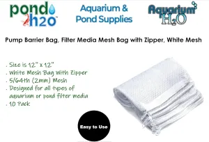 AquariumH2o Filter Media Mesh Bag with Zipper 12'' x 12'' Size, 5/64th White Mesh, 10 Pack, Pump Barrier Bag, Pond & Aquarium Filtration Mesh Media Bag