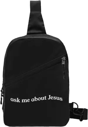Ask Me About Jesus Distressed Sling Bag Unisex Crossbody Bag Casual Chest Bag Adjustable Sling Backpack Daypack For Travel Hiking Skiing Workout Running Cycling