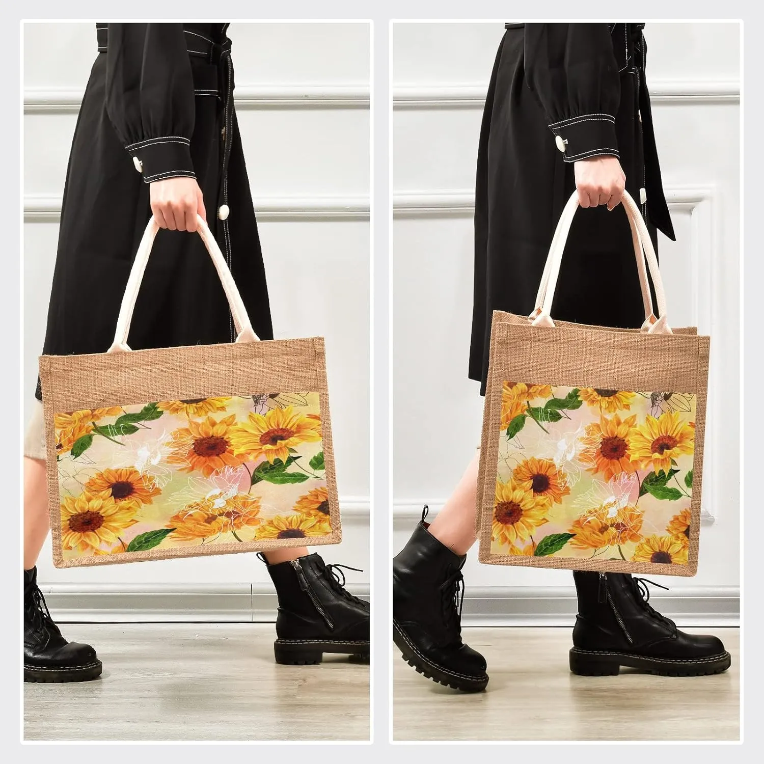 Aslsiy Jute Tote Bags,Yellow Sunflower Grocery Shopping Bags, Reusable Burlap Straw Beach Bag