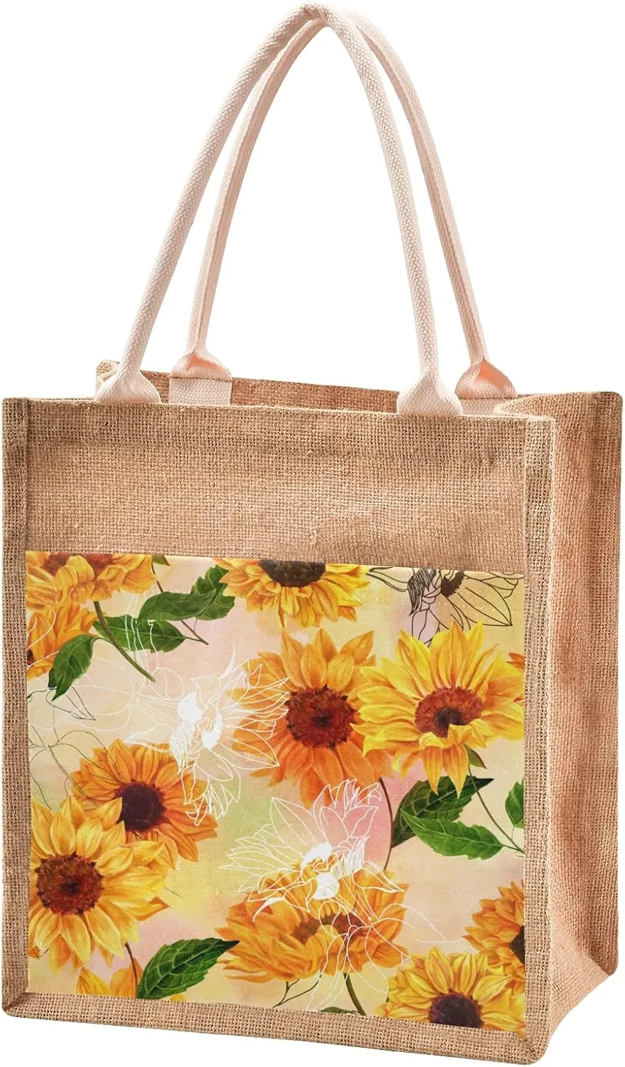 Aslsiy Jute Tote Bags,Yellow Sunflower Grocery Shopping Bags, Reusable Burlap Straw Beach Bag