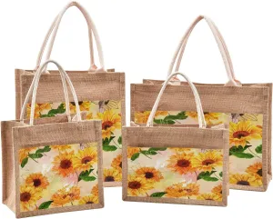 Aslsiy Jute Tote Bags,Yellow Sunflower Grocery Shopping Bags, Reusable Burlap Straw Beach Bag