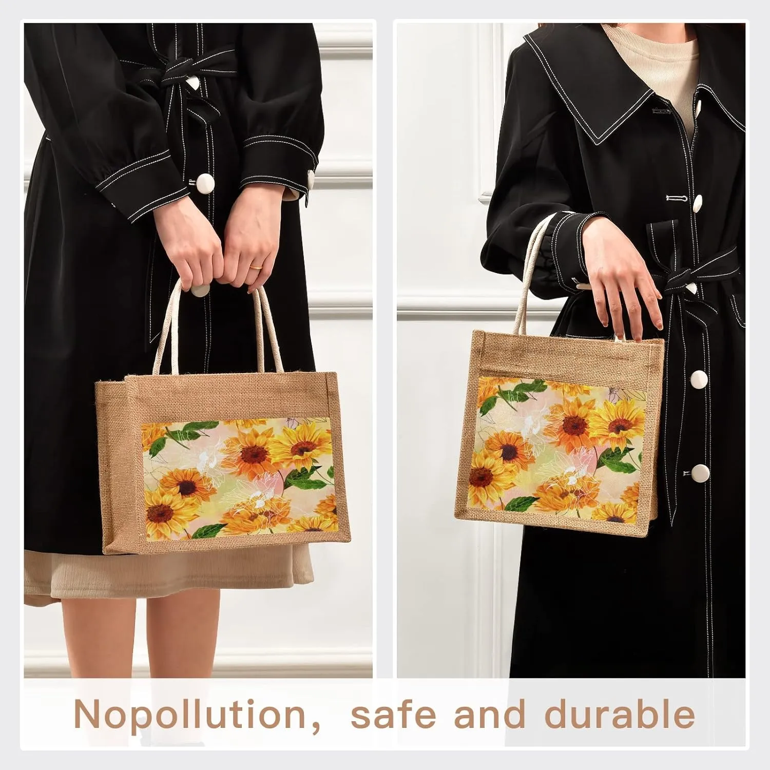 Aslsiy Jute Tote Bags,Yellow Sunflower Grocery Shopping Bags, Reusable Burlap Straw Beach Bag