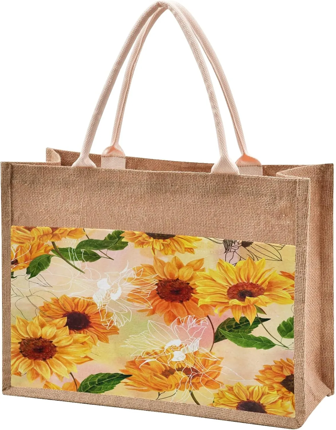 Aslsiy Jute Tote Bags,Yellow Sunflower Grocery Shopping Bags, Reusable Burlap Straw Beach Bag
