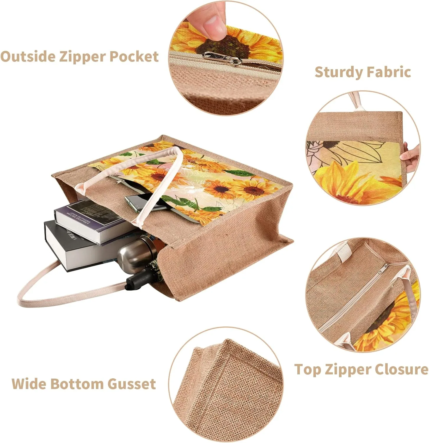 Aslsiy Jute Tote Bags,Yellow Sunflower Grocery Shopping Bags, Reusable Burlap Straw Beach Bag