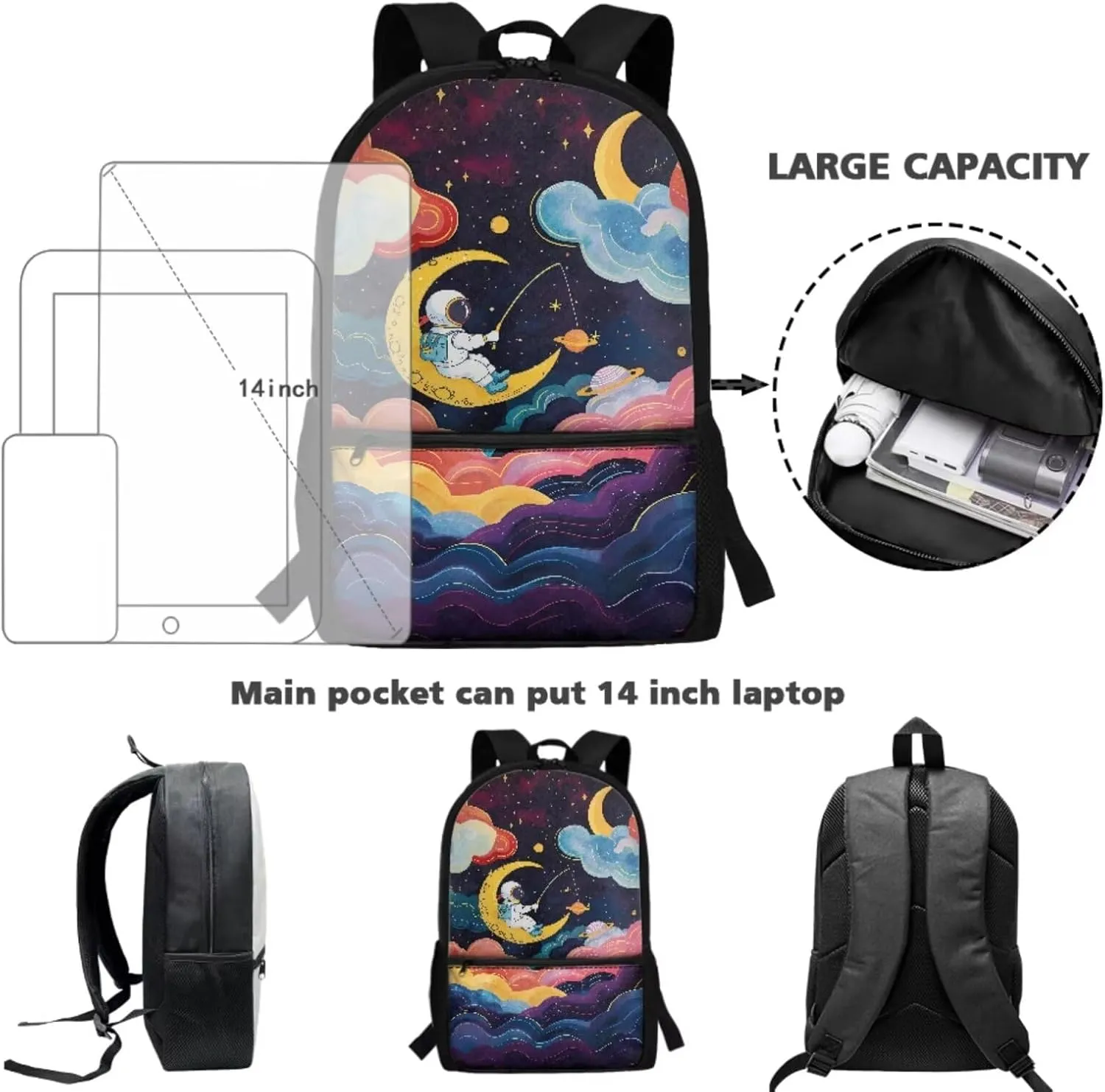 Astronaut 3 Pcs Teen Boys Backpack Set Waterproof Preschool Primary Elementary Middle School Bookbag Age 8-10 Lightweight Customized Schoolbag for Kids with Lunch Box Pencil Case
