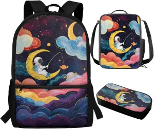 Astronaut 3 Pcs Teen Boys Backpack Set Waterproof Preschool Primary Elementary Middle School Bookbag Age 8-10 Lightweight Customized Schoolbag for Kids with Lunch Box Pencil Case