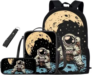 Astronaut Backpack 4 in 1 Set for Teens Boys School Backpack Set with Lunch Bag Pencil Case Keychain Trendy Schoolbag Bookbag Used for Childrens Gifts