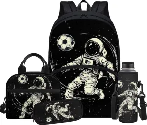 Astronaut Soccer Backpack for Elementary School Boys Kids Bookbag with Lunch Box Pencil Case Bottle Sleeve Casual Daypack Large Capacity School Backpacks for Teenager Shoulder Bags