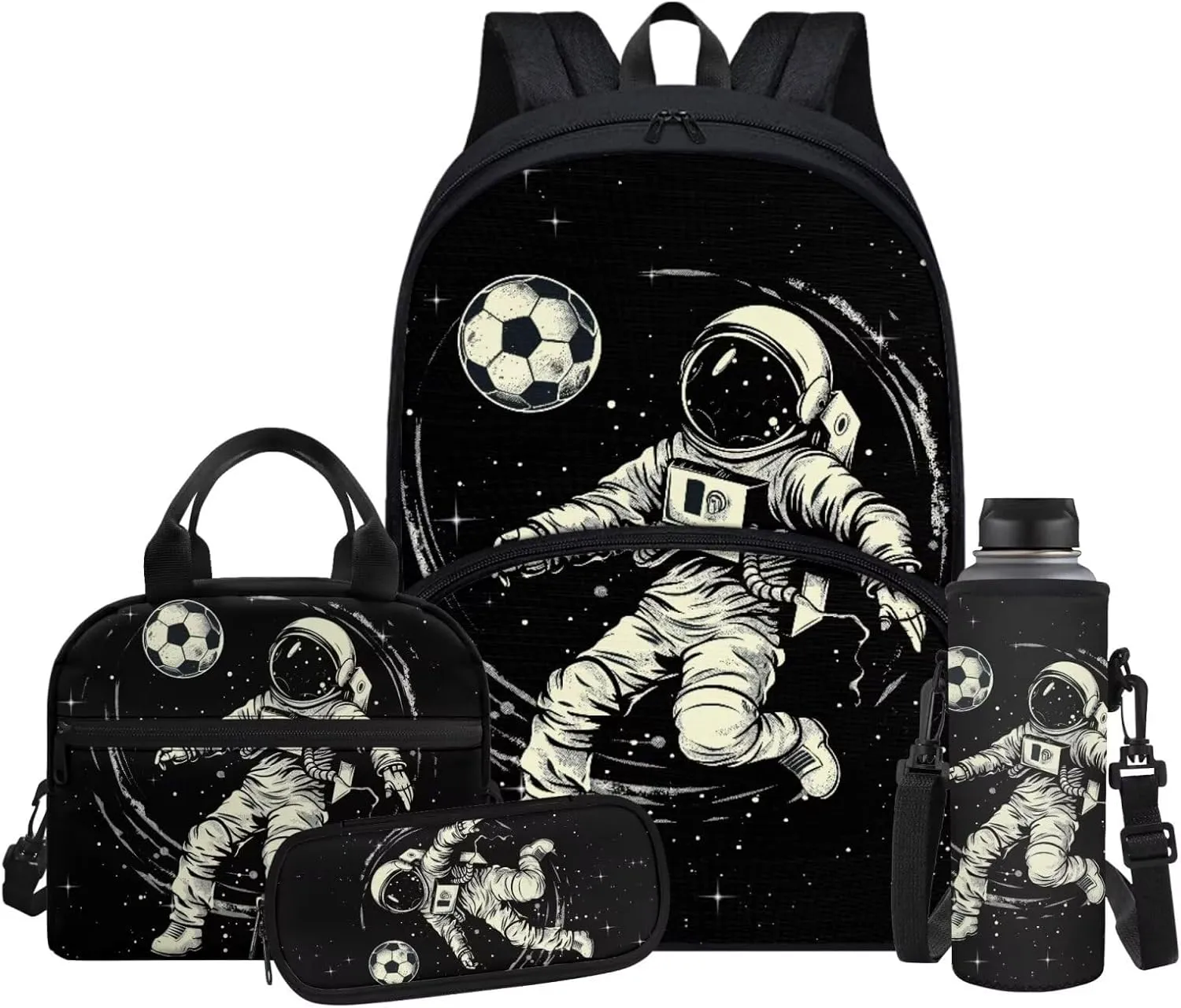 Astronaut Soccer Backpack for Elementary School Boys Kids Bookbag with Lunch Box Pencil Case Bottle Sleeve Casual Daypack Large Capacity School Backpacks for Teenager Shoulder Bags