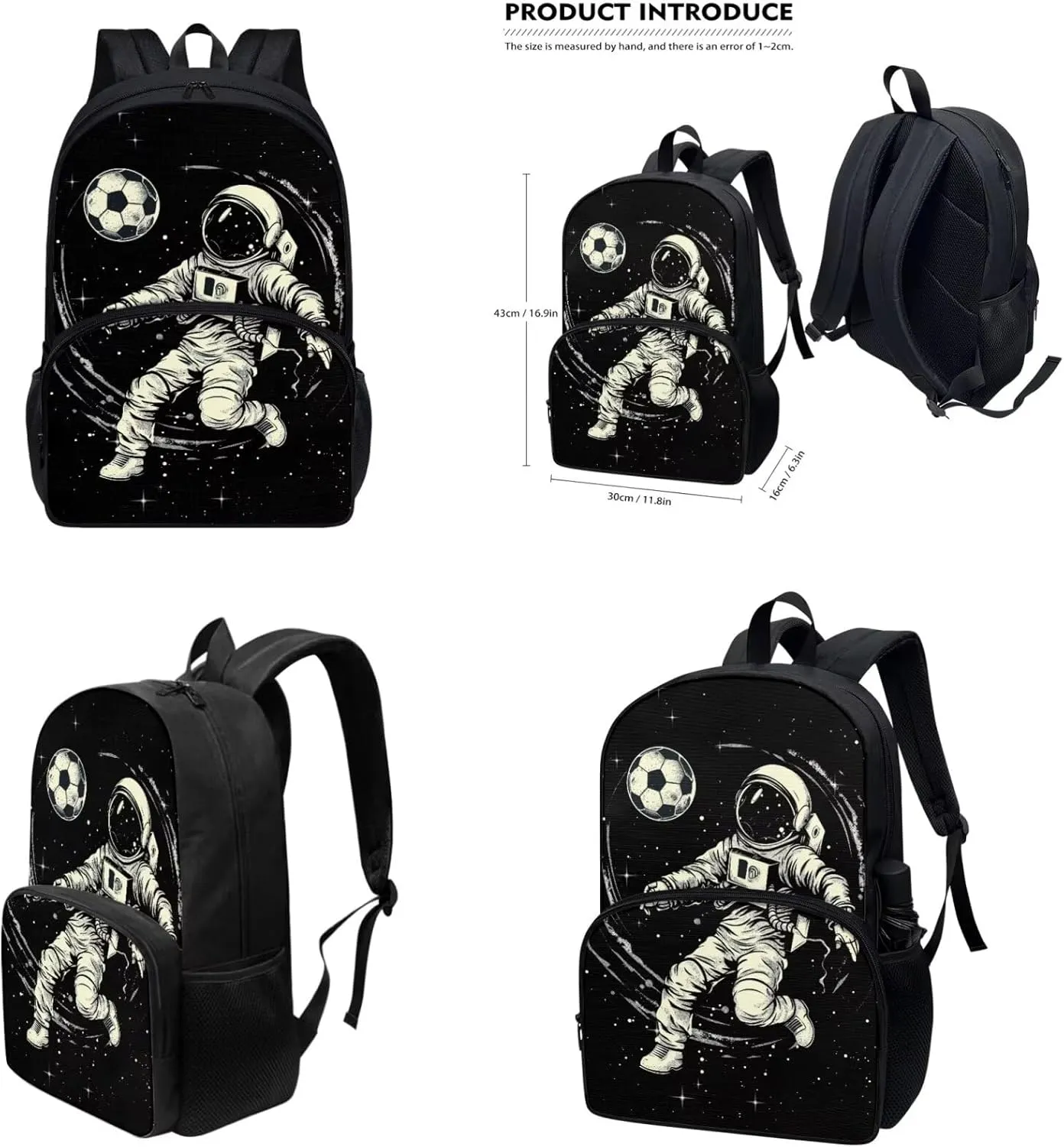 Astronaut Soccer Backpack for Elementary School Boys Kids Bookbag with Lunch Box Pencil Case Bottle Sleeve Casual Daypack Large Capacity School Backpacks for Teenager Shoulder Bags