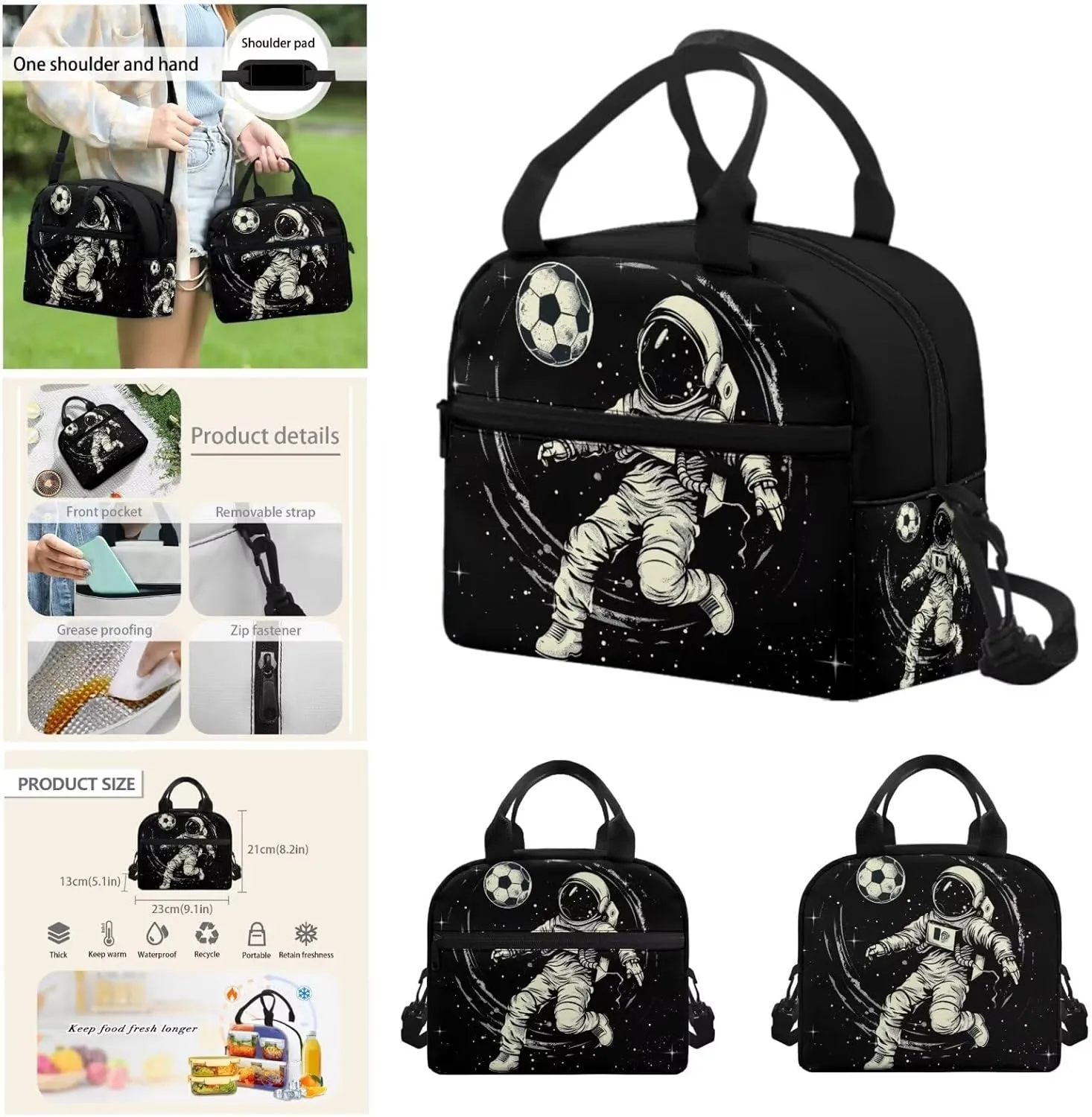 Astronaut Soccer Backpack for Elementary School Boys Kids Bookbag with Lunch Box Pencil Case Bottle Sleeve Casual Daypack Large Capacity School Backpacks for Teenager Shoulder Bags