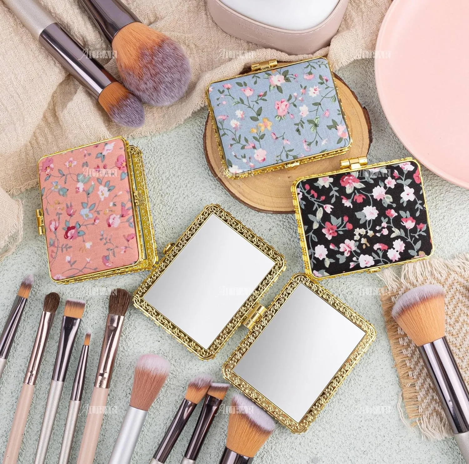 AUEAR, 4 Pack Retro Flower Compact Mirror Makeup Floral Double Sided Pocket Folding Square