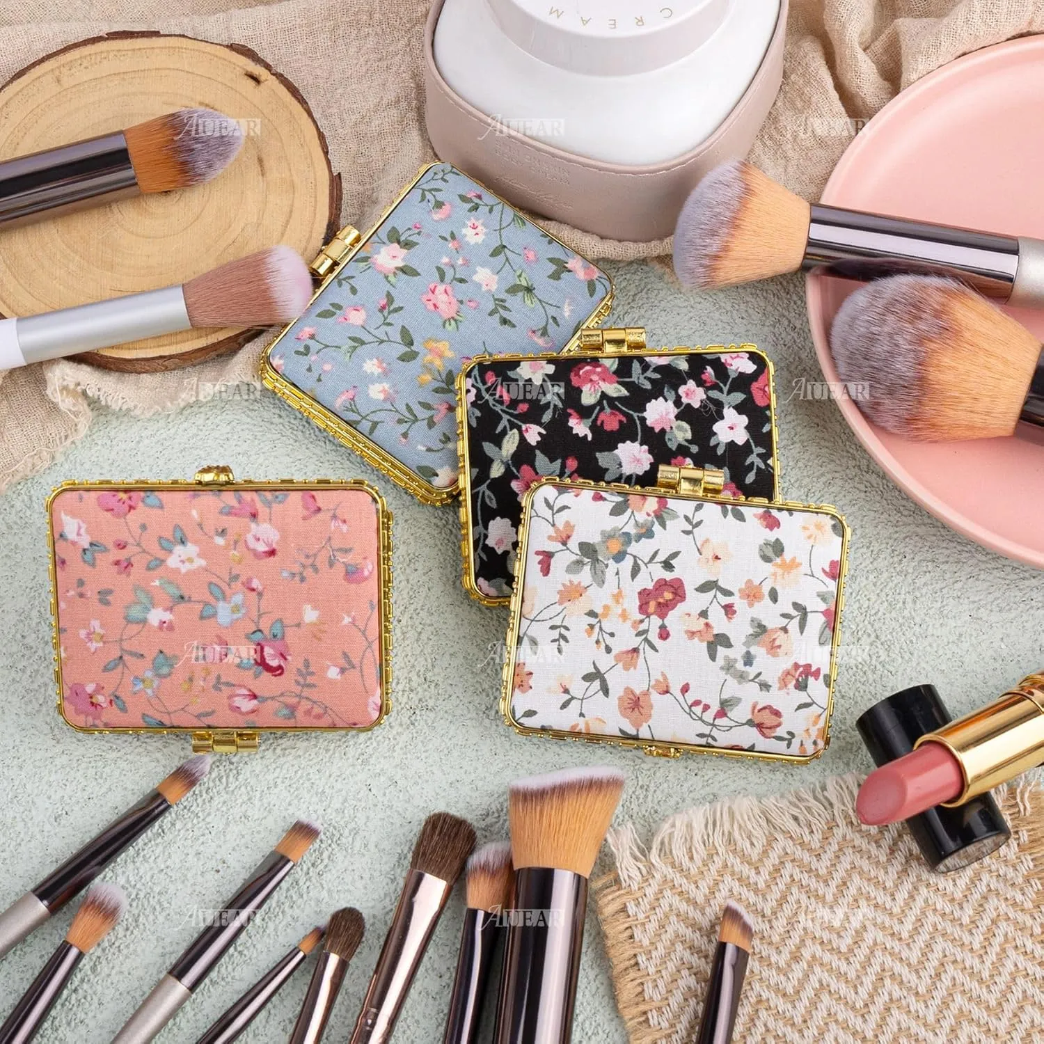 AUEAR, 4 Pack Retro Flower Compact Mirror Makeup Floral Double Sided Pocket Folding Square