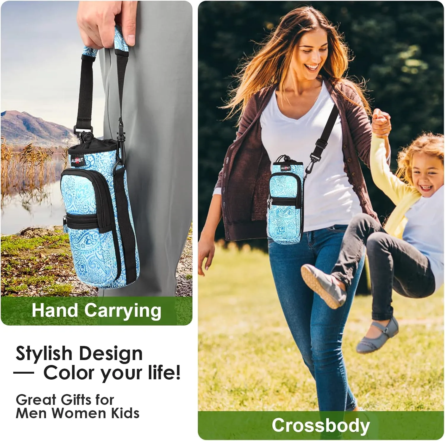 AUPET Water Bottle Sling Bag Sleeve Holder Carrier 25/32/40/64 oz,Insulated Crossbody Water Bottle Case Cover with Strap and Pockets for Men/Women Walking Hiking Camping