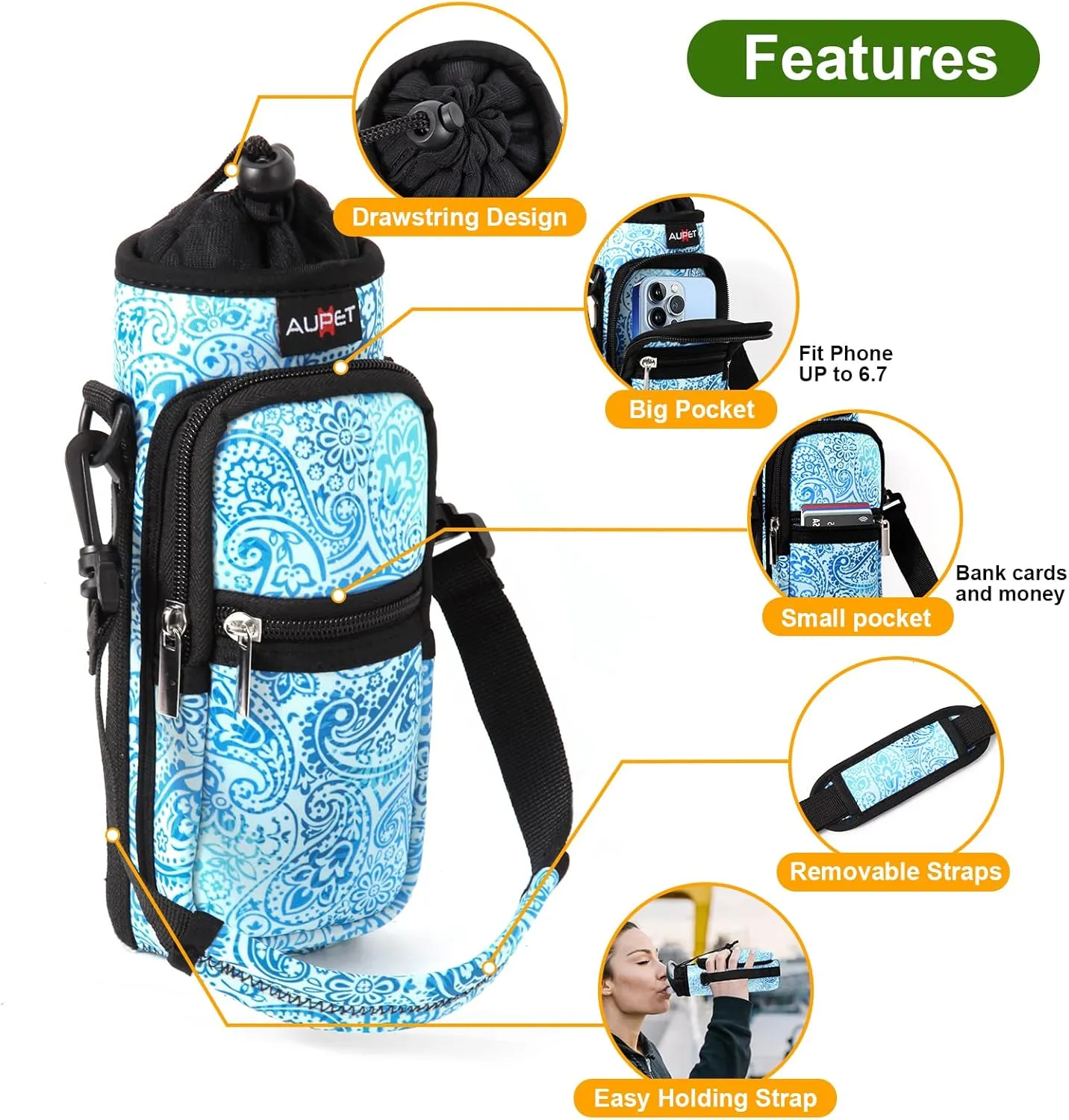 AUPET Water Bottle Sling Bag Sleeve Holder Carrier 25/32/40/64 oz,Insulated Crossbody Water Bottle Case Cover with Strap and Pockets for Men/Women Walking Hiking Camping