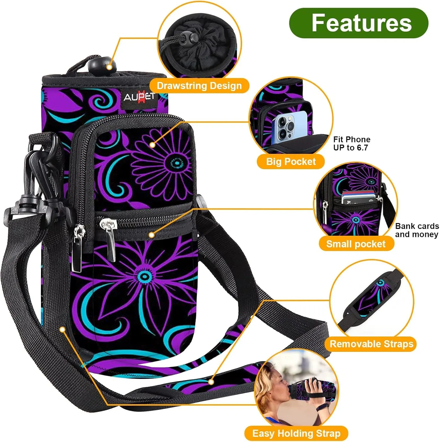 AUPET Water Bottle Sling Bag Sleeve Holder Carrier 25/32/40/64 oz,Insulated Crossbody Water Bottle Case Cover with Strap and Pockets for Men/Women Walking Hiking Camping