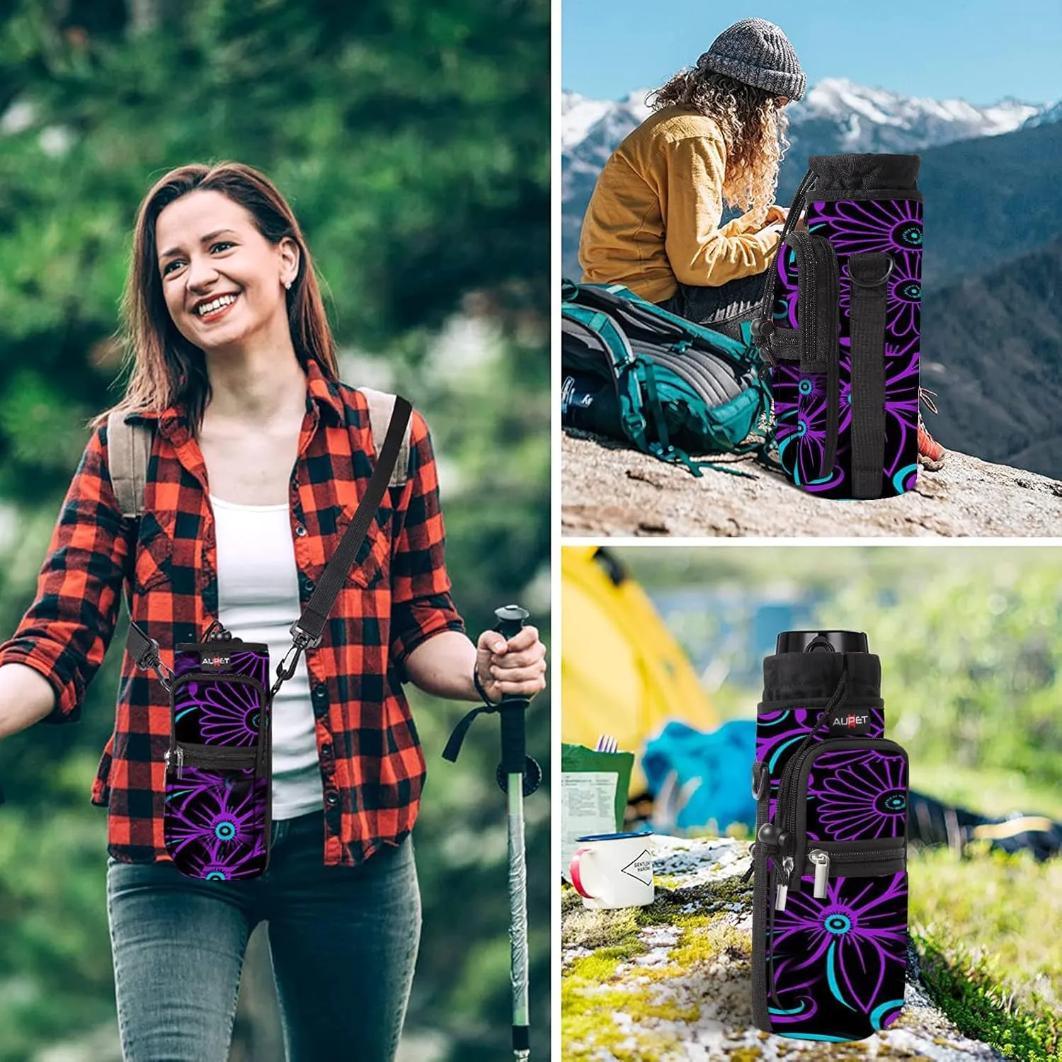 AUPET Water Bottle Sling Bag Sleeve Holder Carrier 25/32/40/64 oz,Insulated Crossbody Water Bottle Case Cover with Strap and Pockets for Men/Women Walking Hiking Camping