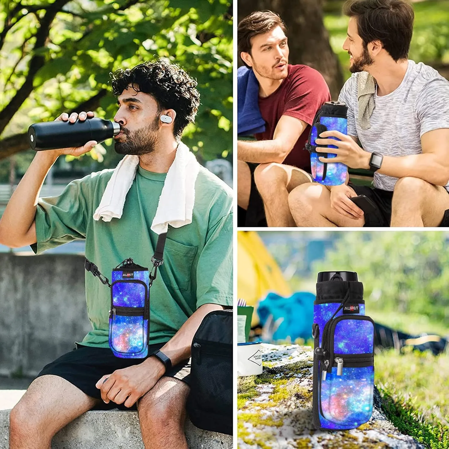 AUPET Water Bottle Sling Bag Sleeve Holder Carrier 25/32/40/64 oz,Insulated Crossbody Water Bottle Case Cover with Strap and Pockets for Men/Women Walking Hiking Camping