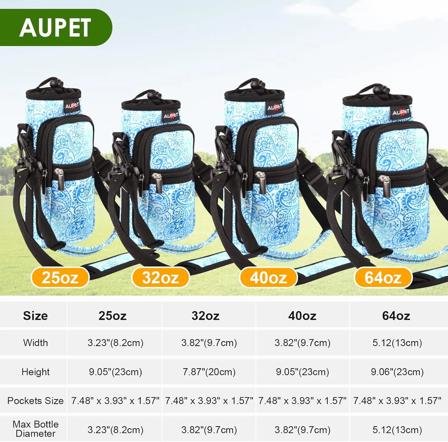 AUPET Water Bottle Sling Bag Sleeve Holder Carrier 25/32/40/64 oz,Insulated Crossbody Water Bottle Case Cover with Strap and Pockets for Men/Women Walking Hiking Camping