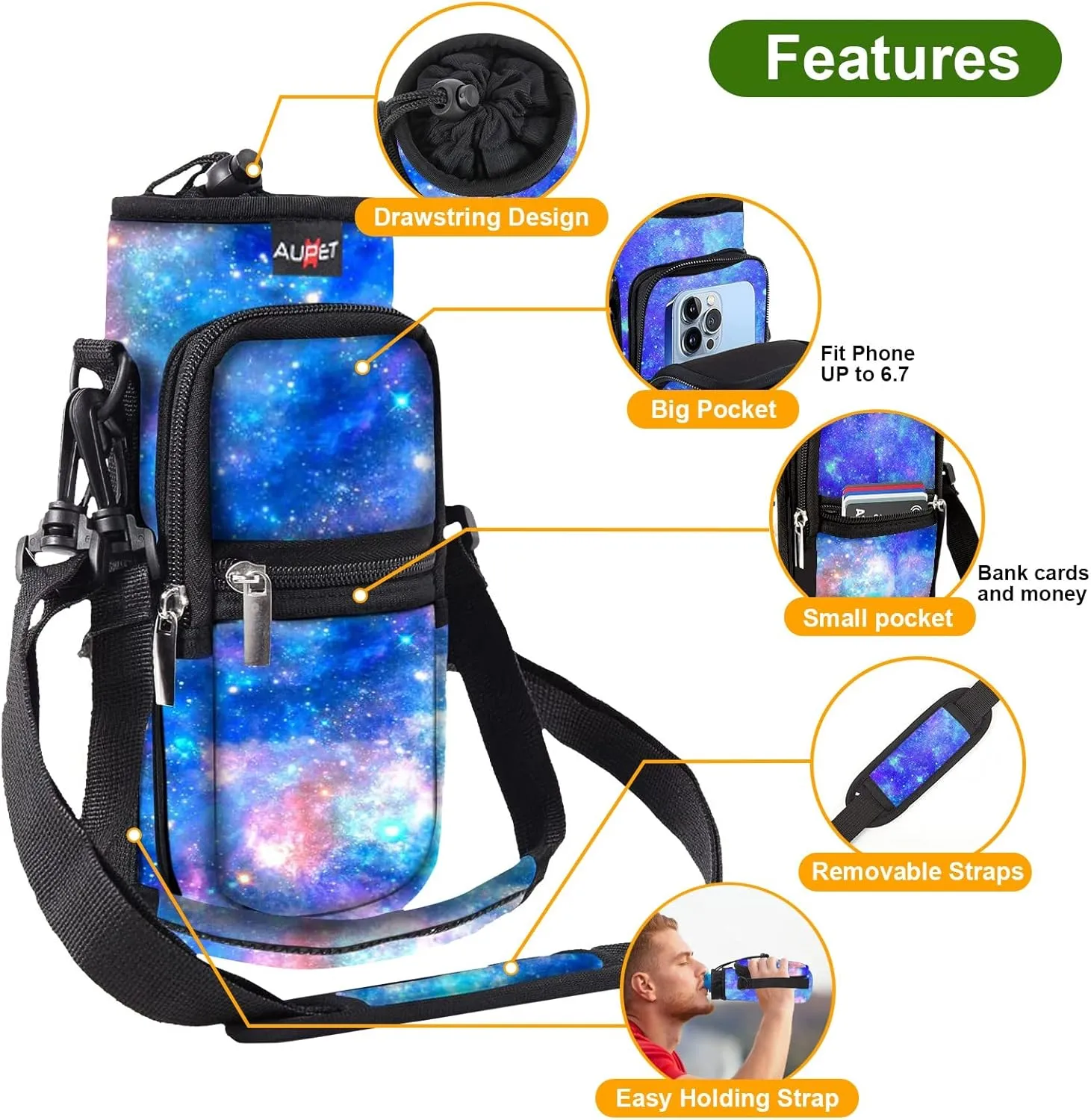 AUPET Water Bottle Sling Bag Sleeve Holder Carrier 25/32/40/64 oz,Insulated Crossbody Water Bottle Case Cover with Strap and Pockets for Men/Women Walking Hiking Camping