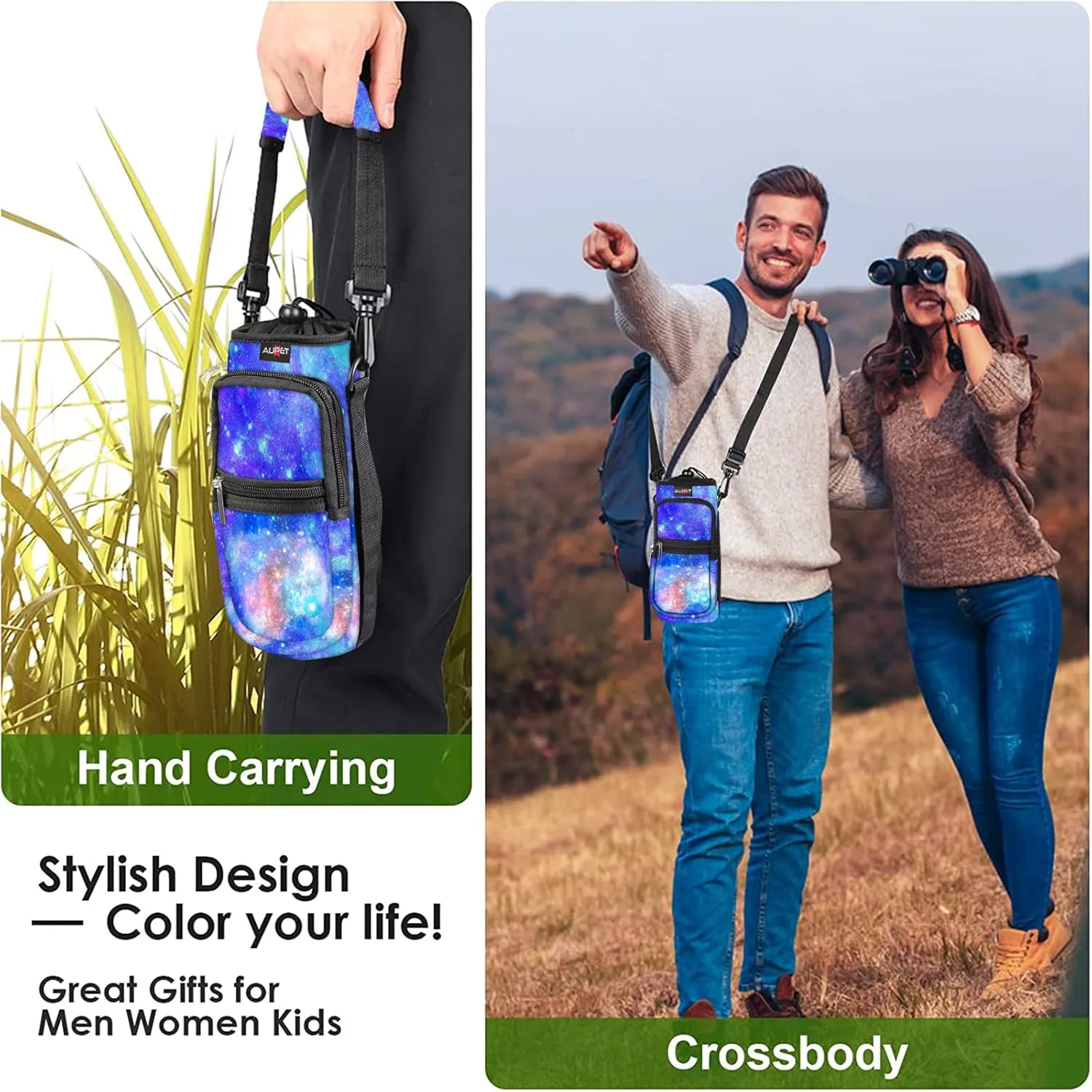 AUPET Water Bottle Sling Bag Sleeve Holder Carrier 25/32/40/64 oz,Insulated Crossbody Water Bottle Case Cover with Strap and Pockets for Men/Women Walking Hiking Camping