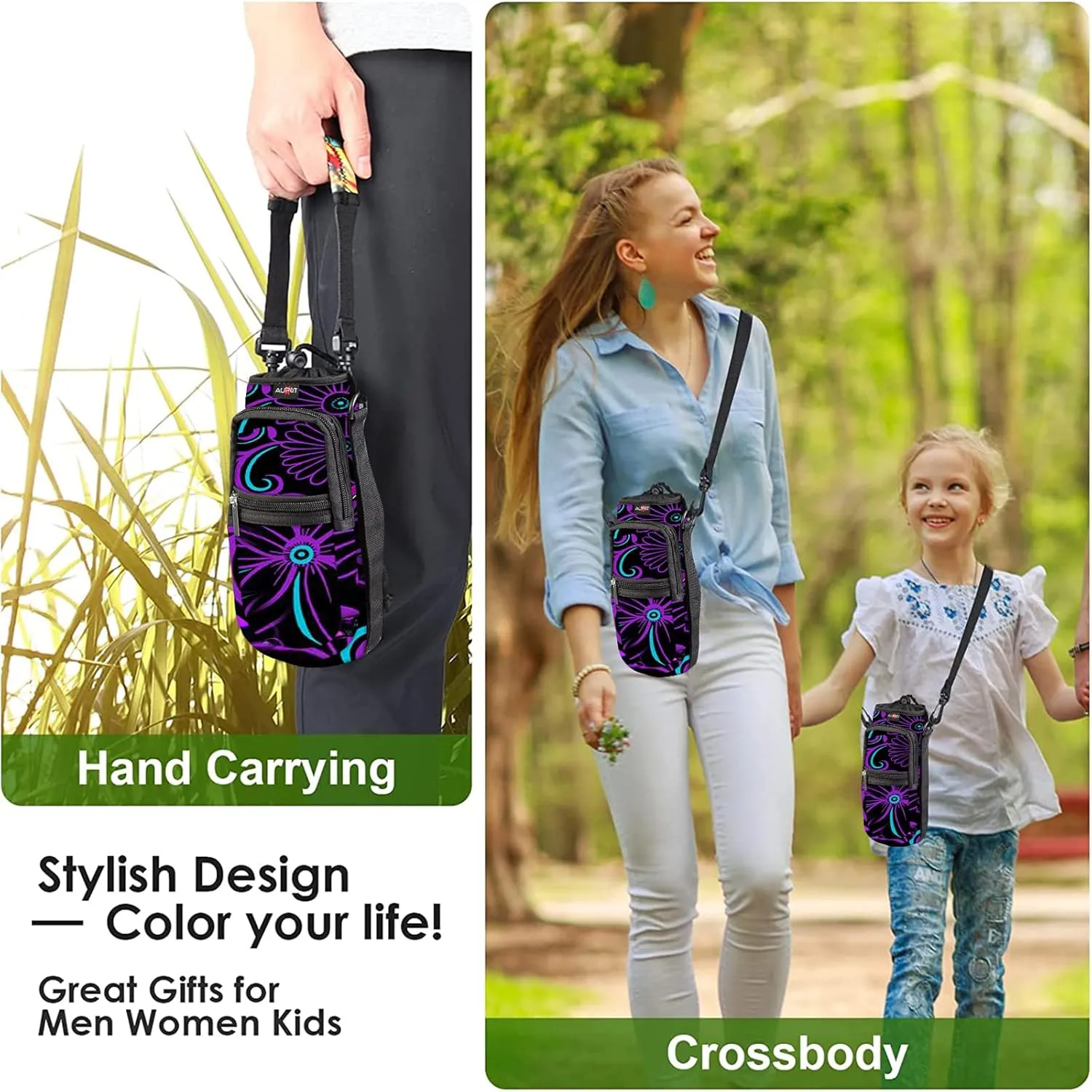 AUPET Water Bottle Sling Bag Sleeve Holder Carrier 25/32/40/64 oz,Insulated Crossbody Water Bottle Case Cover with Strap and Pockets for Men/Women Walking Hiking Camping