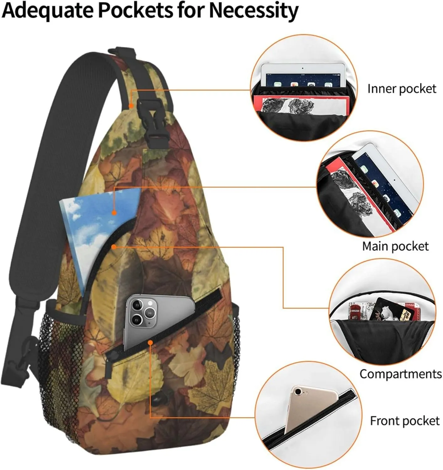 Autumn Leaves Pattern Sling Backpack Crossbody Bag, Chest Bag Daypack for Outdoors Hiking Traveling