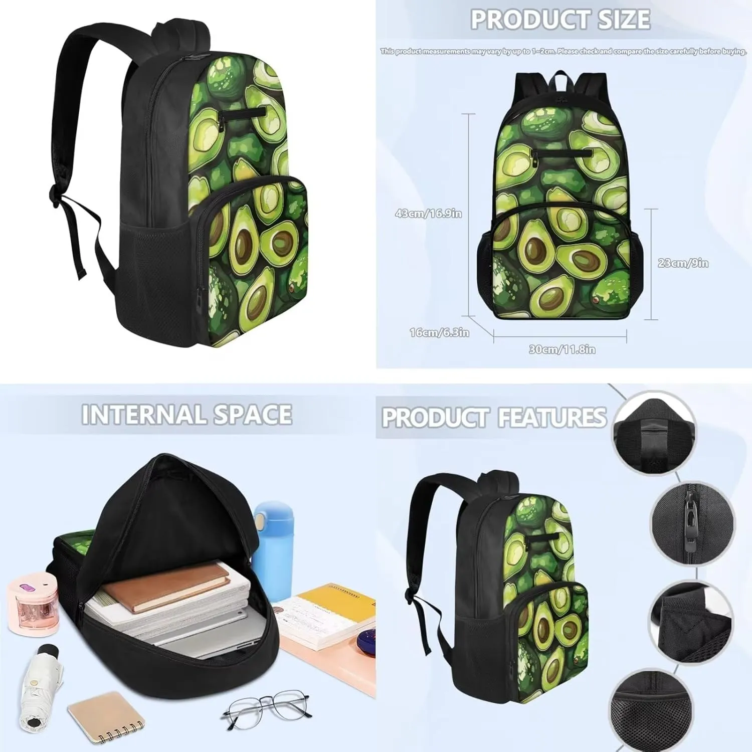 Avocado Boys Backpack and Lunch Box Set with Shoulder Strap Teen Girls School Backpack School Bag for Kids Made From Easy-To-Clean Polyester and Built With Laptop Padded