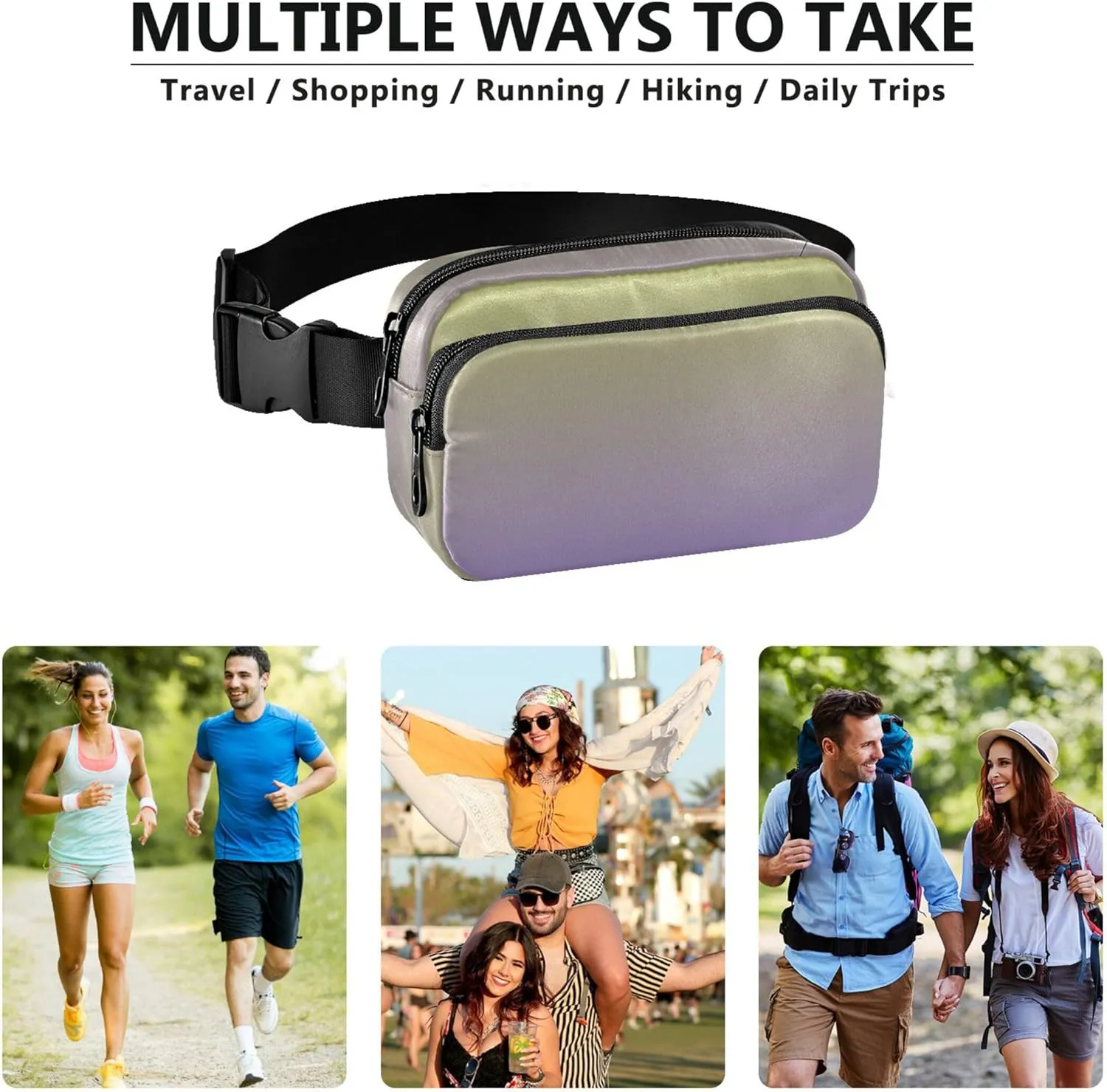 Avocado Green Medium Purple Gradient Fanny Pack for Women Waterproof Hip Bag Belt Purse Neon Travel Waist Bag