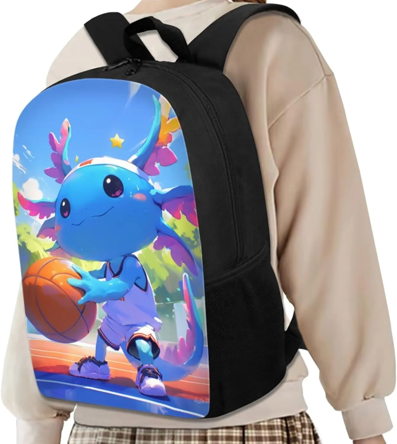 Axolotl Bookbag and Lunch Box Set for Boys Lightweight Backpack with Lunch Bag Pencil Case and Keychain 4 in 1 School Backpack Set for Primary School Students Daily Use