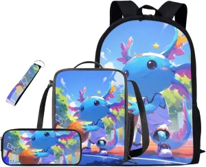 Axolotl Bookbag and Lunch Box Set for Boys Lightweight Backpack with Lunch Bag Pencil Case and Keychain 4 in 1 School Backpack Set for Primary School Students Daily Use