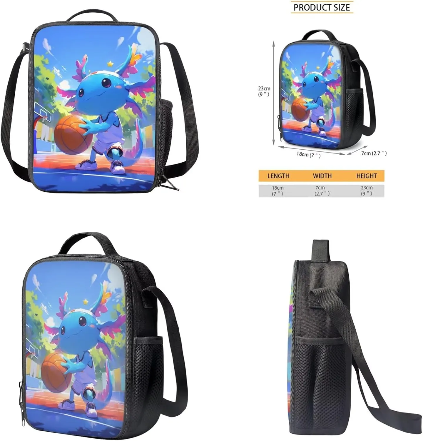 Axolotl Bookbag and Lunch Box Set for Boys Lightweight Backpack with Lunch Bag Pencil Case and Keychain 4 in 1 School Backpack Set for Primary School Students Daily Use