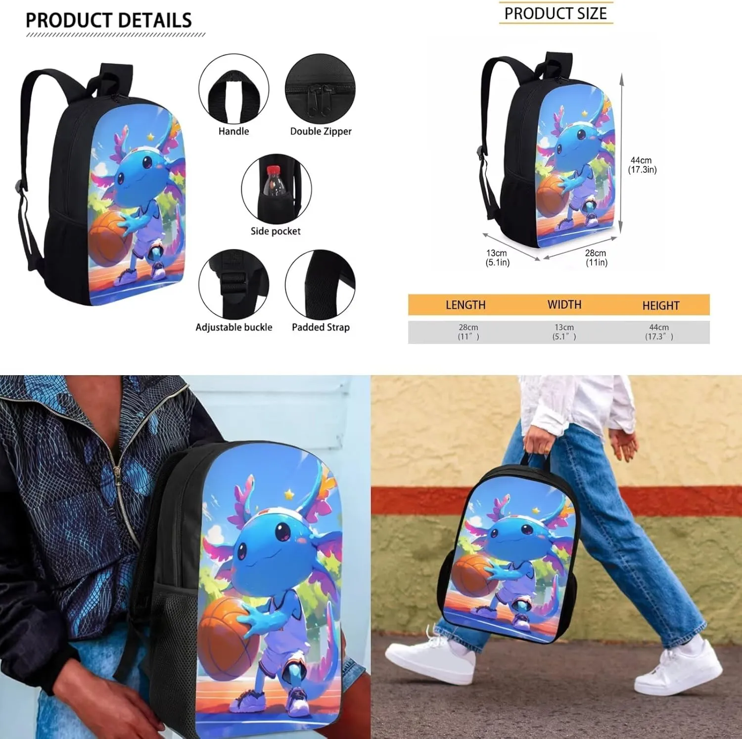 Axolotl Bookbag and Lunch Box Set for Boys Lightweight Backpack with Lunch Bag Pencil Case and Keychain 4 in 1 School Backpack Set for Primary School Students Daily Use