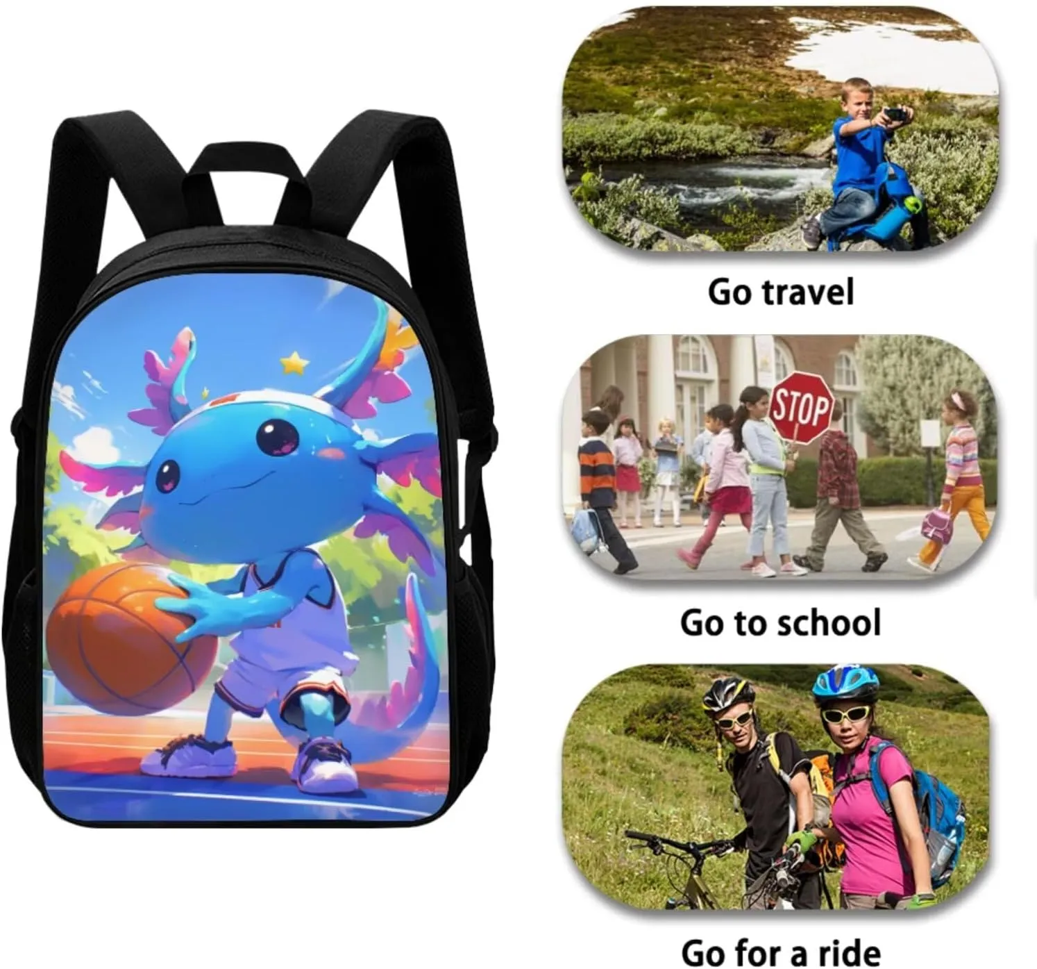 Axolotl Bookbag and Lunch Box Set for Boys Lightweight Backpack with Lunch Bag Pencil Case and Keychain 4 in 1 School Backpack Set for Primary School Students Daily Use