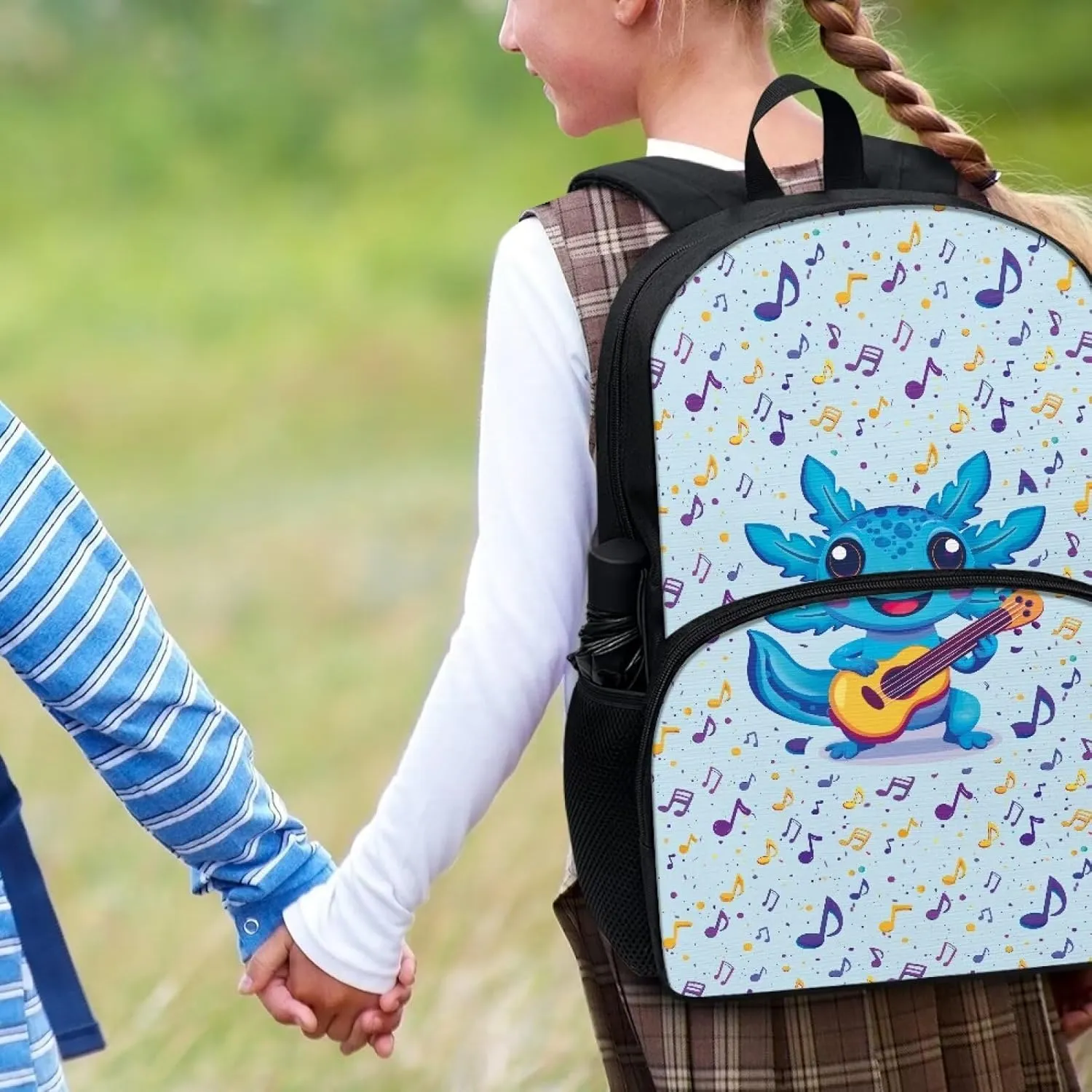 Axolotl Music Notes Blue Pattern Kids Backpack for Boys Girls Elementary Students Bookbag Middle School Bag Lightweight Children Travel Bag Backpacks Laptop Bag