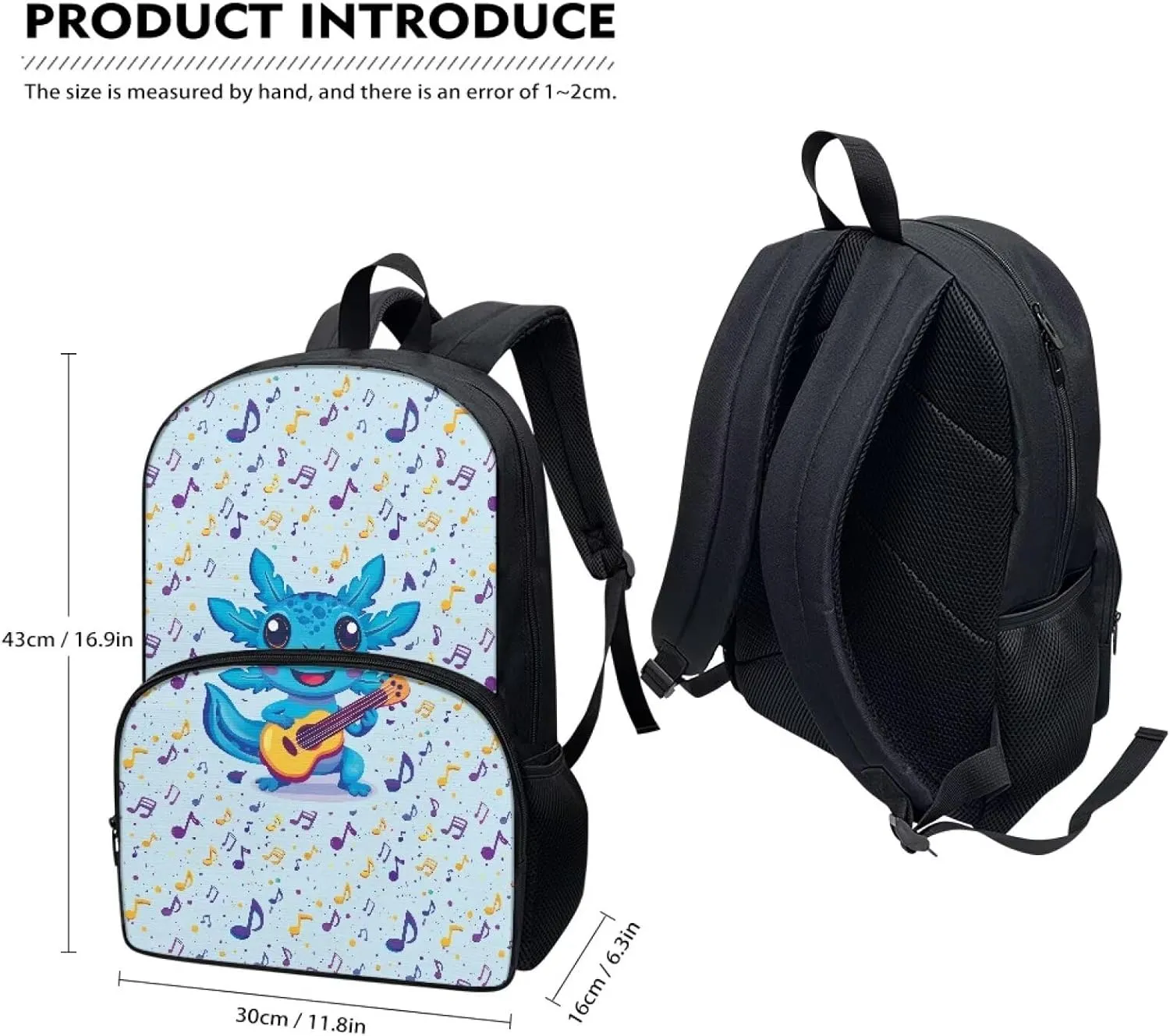 Axolotl Music Notes Blue Pattern Kids Backpack for Boys Girls Elementary Students Bookbag Middle School Bag Lightweight Children Travel Bag Backpacks Laptop Bag
