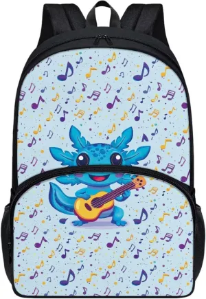 Axolotl Music Notes Blue Pattern Kids Backpack for Boys Girls Elementary Students Bookbag Middle School Bag Lightweight Children Travel Bag Backpacks Laptop Bag