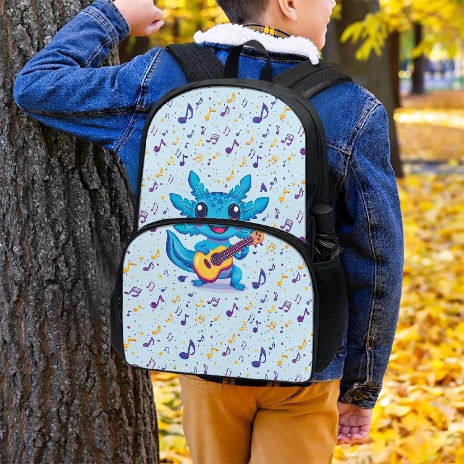 Axolotl Music Notes Blue Pattern Kids Backpack for Boys Girls Elementary Students Bookbag Middle School Bag Lightweight Children Travel Bag Backpacks Laptop Bag