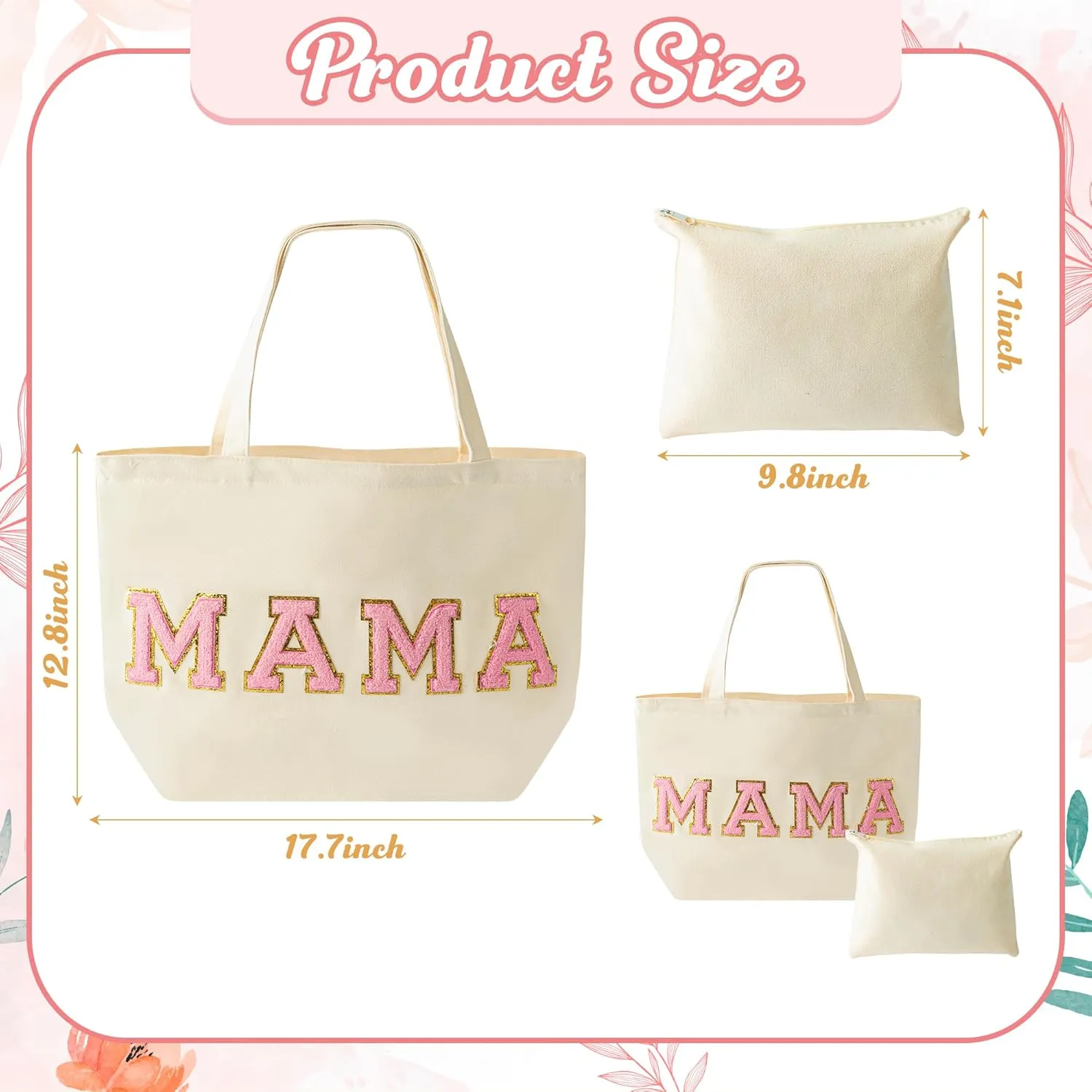 B1ykin 2Pcs Chenille Letter Patches Canvas Tote Bag with Zipper Pocket, Travel Handbag Zipper Pouch Gifts for Women Girls