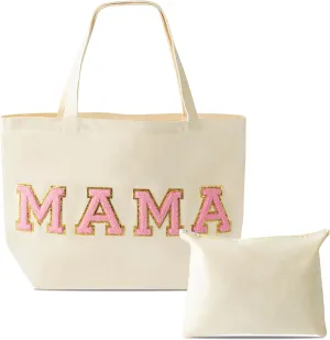 B1ykin 2Pcs Chenille Letter Patches Canvas Tote Bag with Zipper Pocket, Travel Handbag Zipper Pouch Gifts for Women Girls