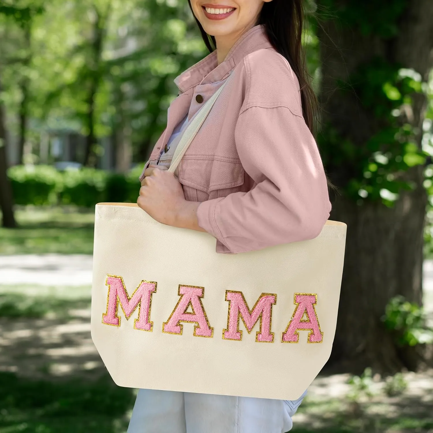 B1ykin 2Pcs Chenille Letter Patches Canvas Tote Bag with Zipper Pocket, Travel Handbag Zipper Pouch Gifts for Women Girls