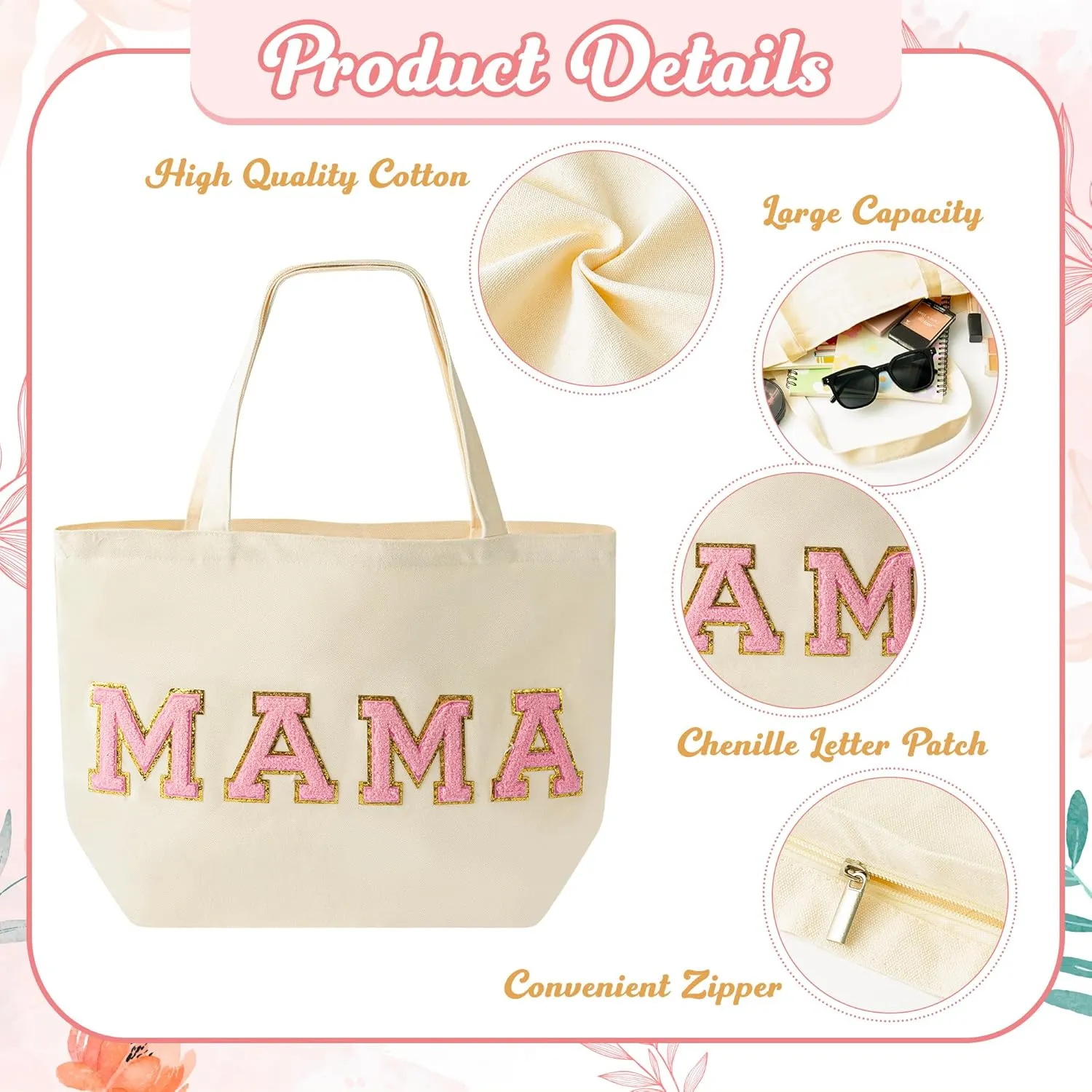 B1ykin 2Pcs Chenille Letter Patches Canvas Tote Bag with Zipper Pocket, Travel Handbag Zipper Pouch Gifts for Women Girls