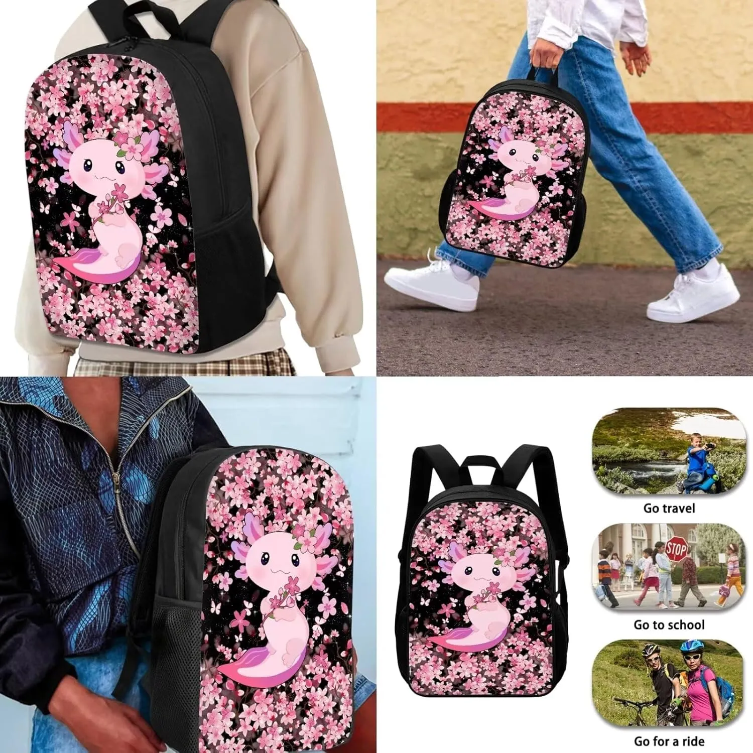 Babrukda Boys Girls School Book Bags Set Axolotl Cherry Blossoms Pink Bookbag with Pen Case Thermal Lunch Box 3 Pieces Set Teens Kids Backpack Casual Daypack Lightweight for Grade 1 2Nd Grade 3Rd