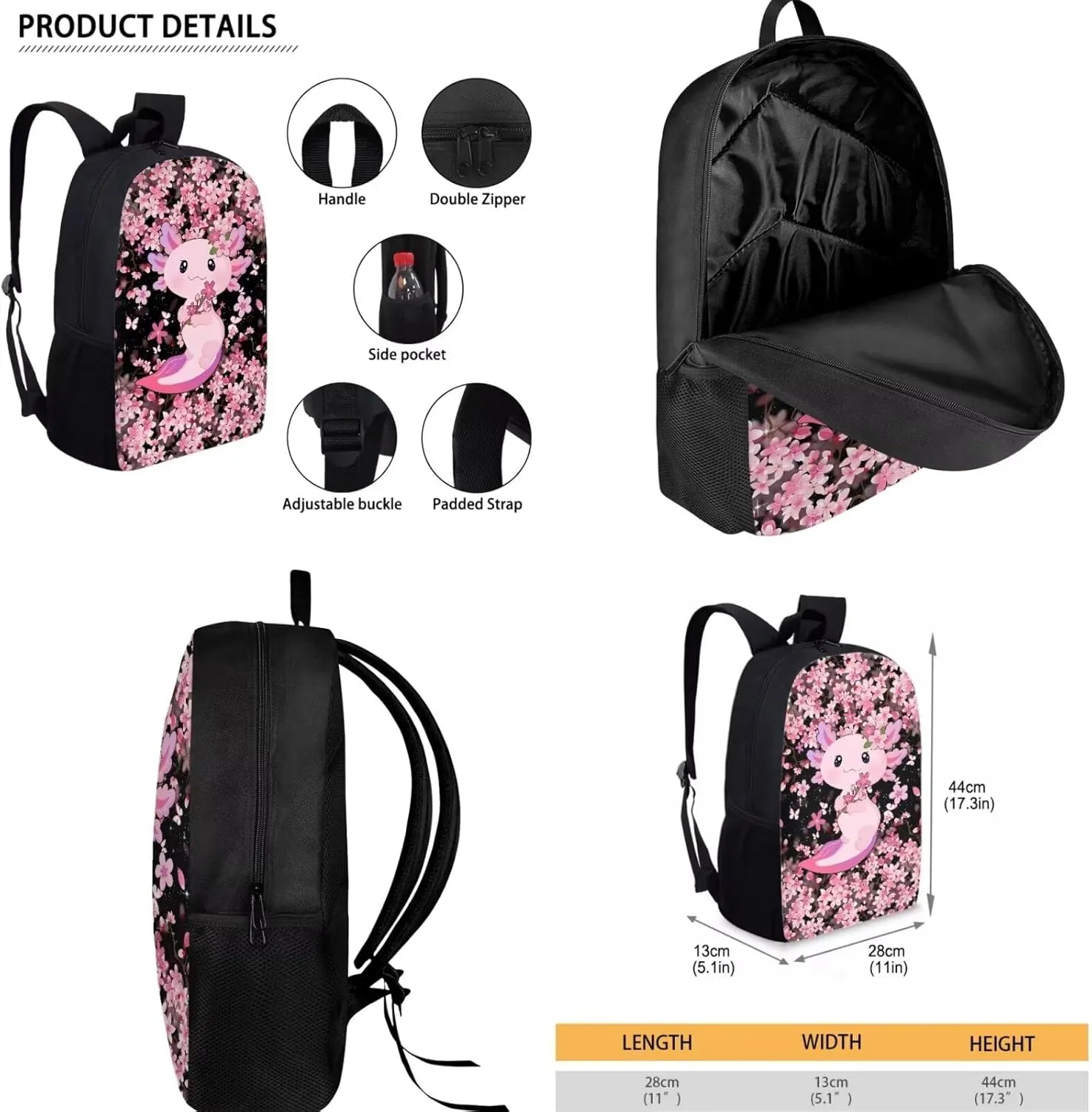 Babrukda Boys Girls School Book Bags Set Axolotl Cherry Blossoms Pink Bookbag with Pen Case Thermal Lunch Box 3 Pieces Set Teens Kids Backpack Casual Daypack Lightweight for Grade 1 2Nd Grade 3Rd