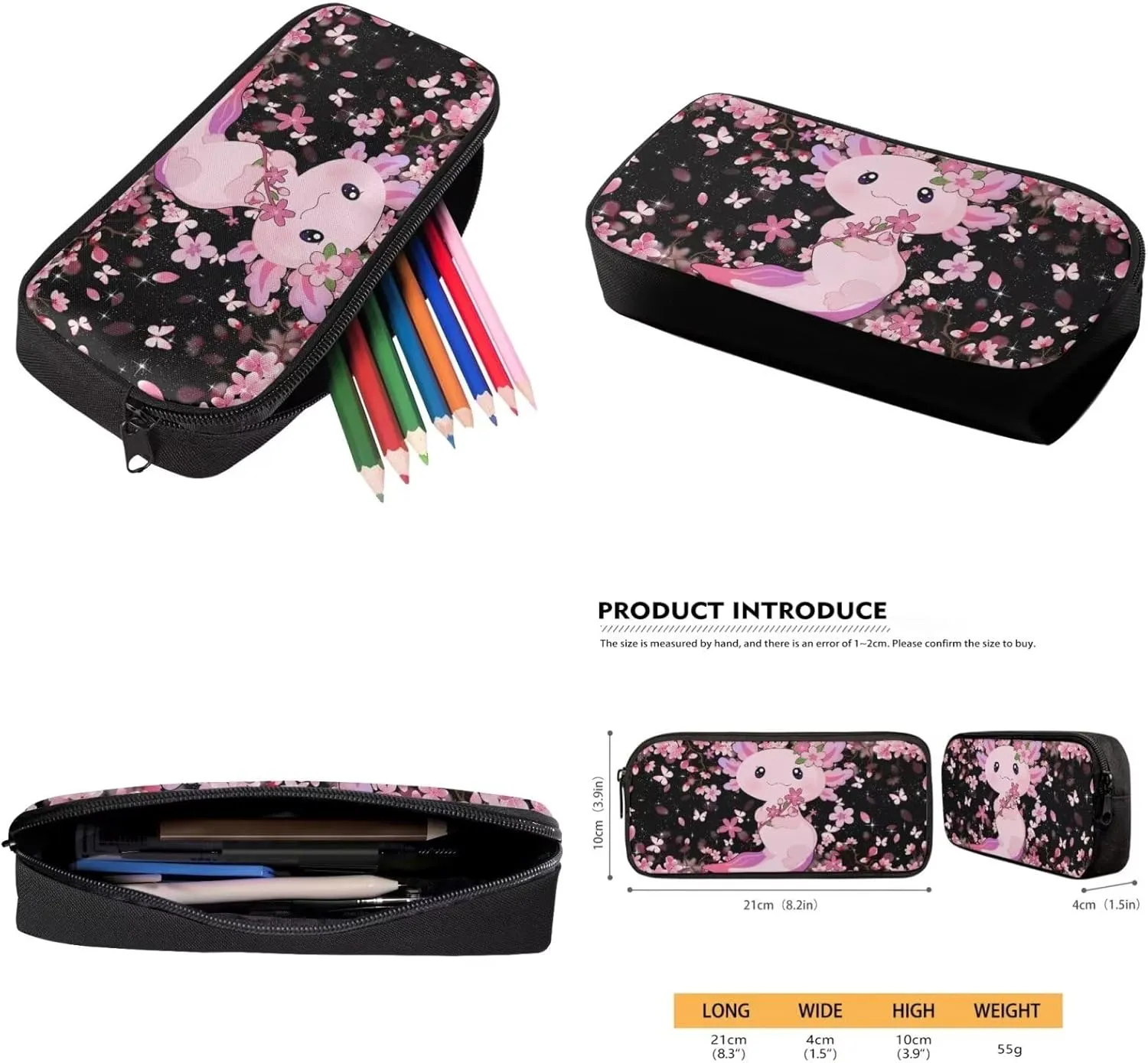 Babrukda Boys Girls School Book Bags Set Axolotl Cherry Blossoms Pink Bookbag with Pen Case Thermal Lunch Box 3 Pieces Set Teens Kids Backpack Casual Daypack Lightweight for Grade 1 2Nd Grade 3Rd