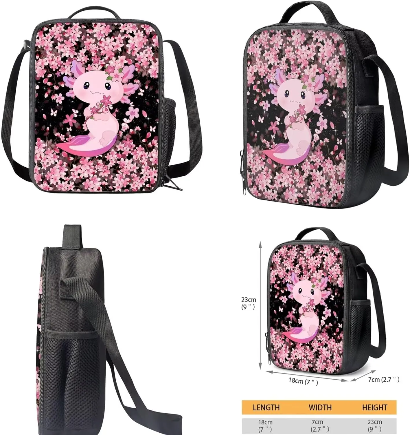 Babrukda Boys Girls School Book Bags Set Axolotl Cherry Blossoms Pink Bookbag with Pen Case Thermal Lunch Box 3 Pieces Set Teens Kids Backpack Casual Daypack Lightweight for Grade 1 2Nd Grade 3Rd